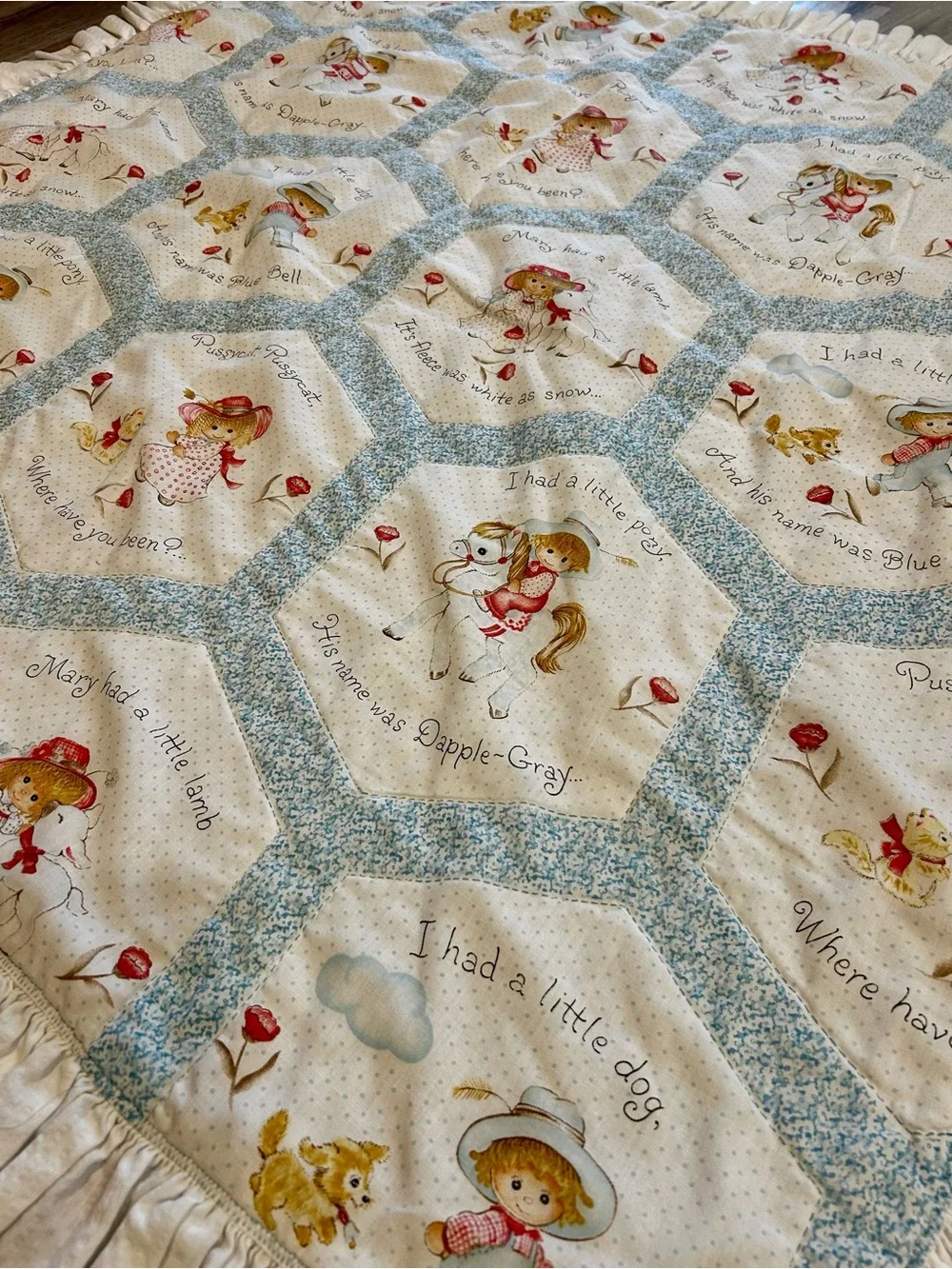 Vintage 80s baby blue and white blanket nursery rhyme spring mills hexagon 46x46